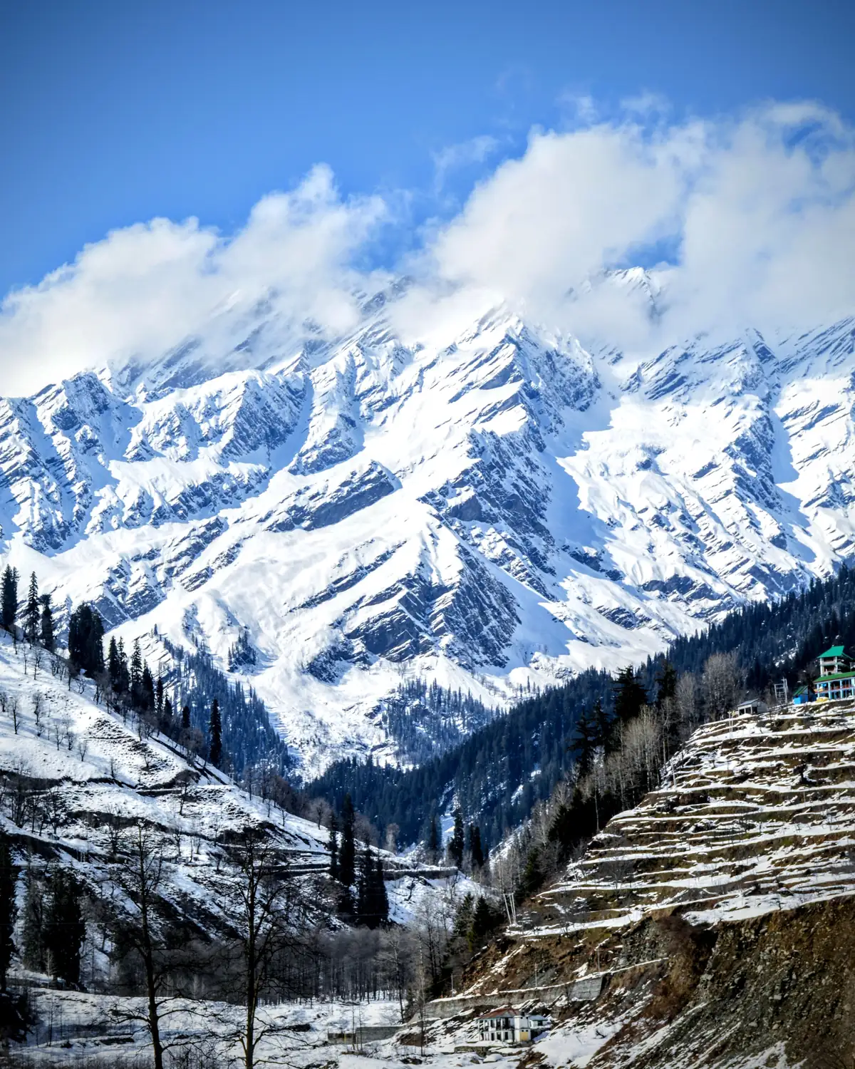 Snow mountains above a terraced valley near Manali
