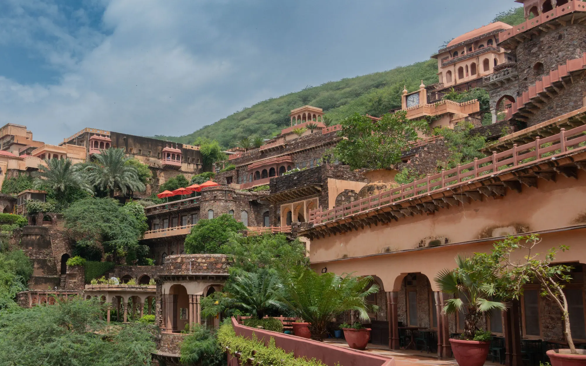 The terraces and rooms of Neemrana Fort Palace stepping up the hill
