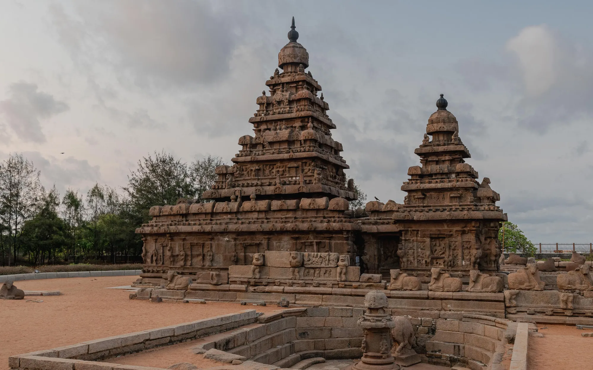 The Shore Temple at Mahabalipuram under an evening sky